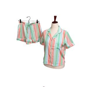 Tommy Bahama sleep set orange green white striped button front top & shorts Sz S